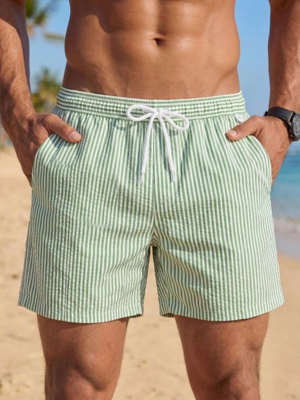 Multicolor Men's Vertical Striped Drawstring Waist Swim Trunks